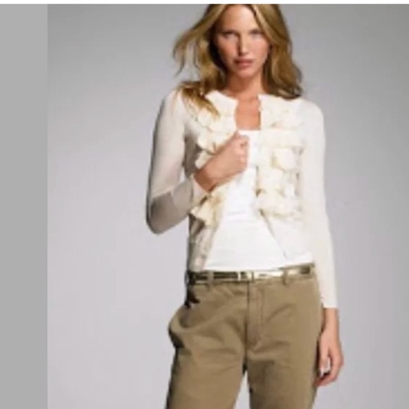 J.CREW Merino 100% Wool Lili Ruffle Chiffon Cardigan Sweater Vibrant Orange Knit - Picture 10 of 10